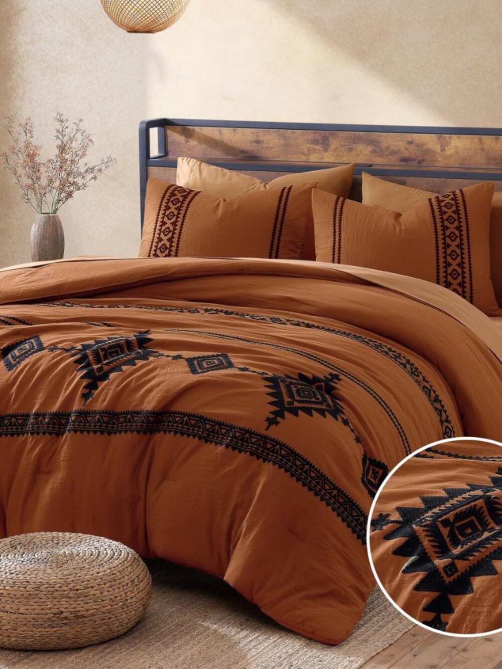 Embroidery Queen Comforter Set 7 Pieces Burnt Orange Bed in a Bag